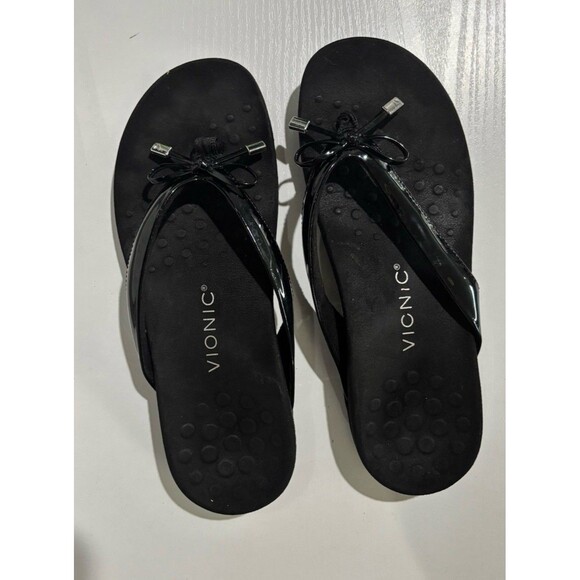 Vionic Bella II Sandal 9 Black Patent Leather Bow Orthotic Comfort Slip On Thong - Picture 2 of 7